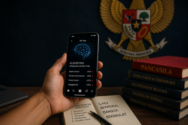 Ilustrasi algoritma digital di gawai yang membutuhkan pijakan moral Pancasila agar sains tetap berdaulat dan memuliakan manusia. (Sumber: Generate AI)
