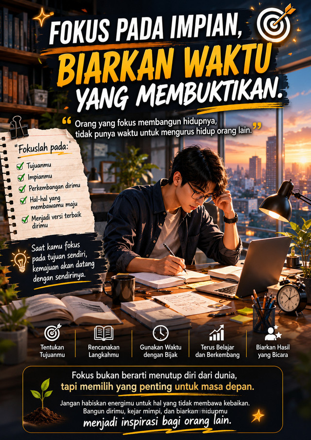 Ilustrasi gambar berasal dari Gemini ai. Fokuslah pada tujuanmu, bukan pada kehidupan orang lain. Setiap langkah kecil yang dilakukan dengan konsisten akan membawamu lebih dekat pada impian. Terus belajar, terus berkembang, dan biarkan waktu membuktikan hasil dari kerja kerasmu.