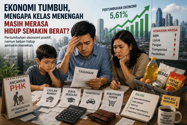 Ilustrasi Keluarga kelas menengah Indonesia menghadapi kenaikan harga kebutuhan pokok, biaya hidup, dan ancaman PHK di tengah pertumbuhan ekonomi yang masih positif. (sumber: chatgpt.com)