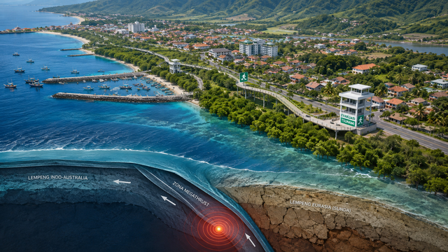 Pengembangan kawasan pesisir Jawa Barat perlu menyeimbangkan pertumbuhan ekonomi, konservasi lingkungan, dan kesiapsiagaan menghadapi ancaman Megathrust Sunda yang berpotensi memicu gempa bumi dan tsunami. Foto: Generated by AI