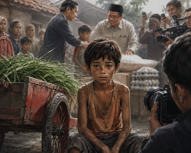 Ilustrasi hasil edit sendiri yang menggambarkan Locong Putrak, tokoh dalam cerpen Angkong Merah, di tengah sorotan yang mengubah kemiskinan menjadi tontonan.