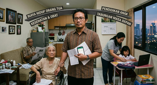 Ilustrasi seseorang yang terkena generasi sandwich (Foto dibuat oleh AI)