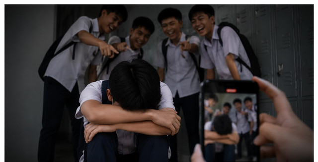Perundungan yang terjadi di kalangan remaja. Gambar ini dihasilkan oleh Gemini AI