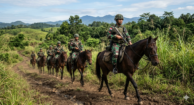 Ilustrasi patroli Detasemen Kavaleri Berkuda (Denkavkud) TNI AD di daerah yang sulit dijangkau kendaraan berat. Sumber gambar: gambar buatan AI.