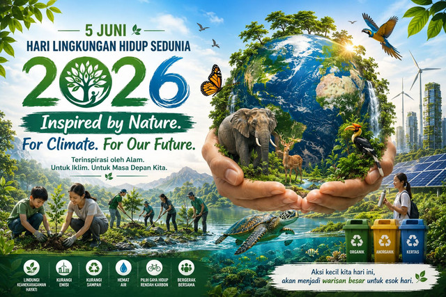 Ilustrasi peringatan Hari Lingkungan Hidup Sedunia. "Inspired by nature. For Climate. For Our Future." Generated by AI.