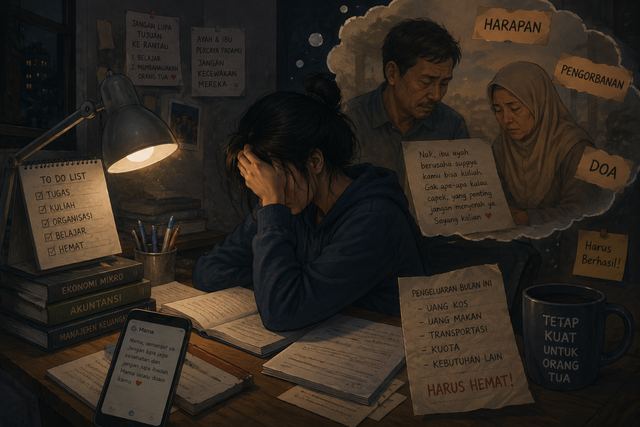Ilustrasi seorang anak yang terus memikirkan harapan orang tuanya yang harus diwujudkan ( Ilustrasi dibuat oleh AI)
