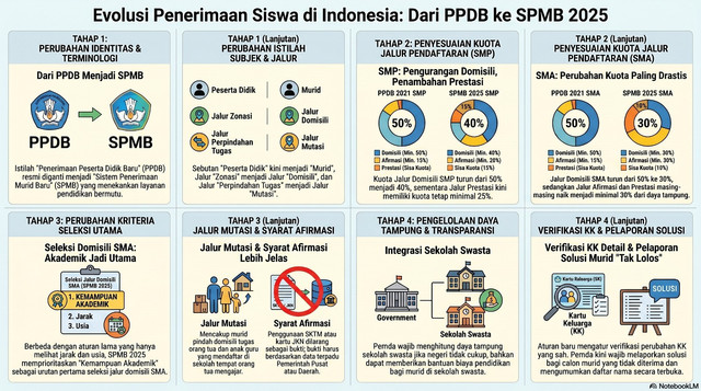Penerimaan Peserta Didik Baru (PPDB) berganti menjadi Sistem Penerimaan Murid Baru (SPMB) sejak 2025. Apakah pemerataan pendidikan segera terwujud? Sumber: Disusun dari perbandingan Permendikbud 1/2021 dengan Permendikdasmen 3/2025 dibuat dengan menggunakan AI