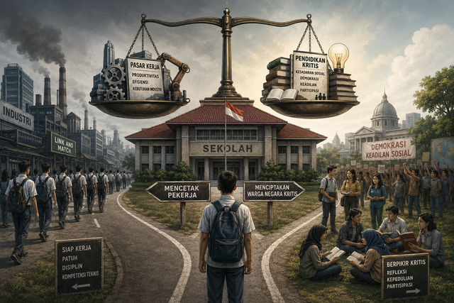 Ilustrasi sekolah: mencetak pekerja atau menciptakan warga negara kritis? Foto: Generated by AI