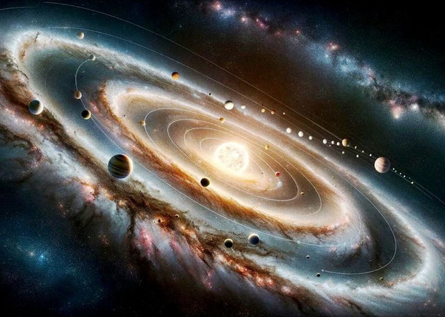 Illustrasi Artistik N-benda (Banyak Benda) Berupa Tata Surya Yang Mengikuti Aturan relativitas umum Einstein (Gambar dibuat oleh Nano Banana AI) 