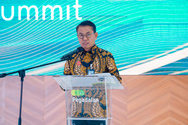 Direktur Manajemen Risiko, Legal, dan Kepatuhan PT Pegadaian, Ismail Ilyas, saat menjadi pembicara dalam acara Legal Excellence & Integrity Summit (LEXIS) 2026 di The Gade Tower Jakarta. Foto: Dok. Pegadaian