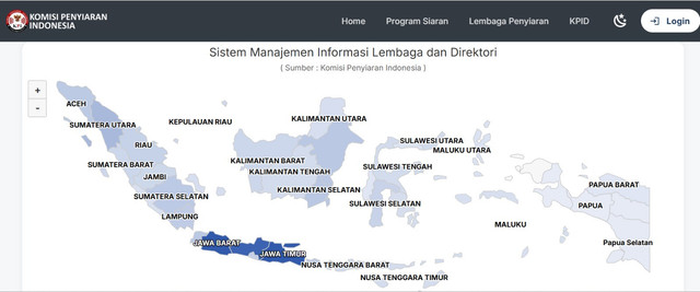 Tampilan dashboard aplikasi SMILED Komisi Penyiaran Indonesia. Jika pengunjung mengarahkan kursor ke salah satu wilayah, akan keluar jumlah lembaga penyiaran di setiap wilayahnya. Foto: Dokumentasi pribadi