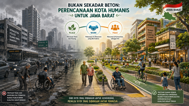 Ilustrasi perencanaan kota humanis di Jawa Barat yang menampilkan ruang hijau, trotoar aksesibel, transportasi terintegrasi, dan interaksi masyarakat. Foto: Generated by AI.
