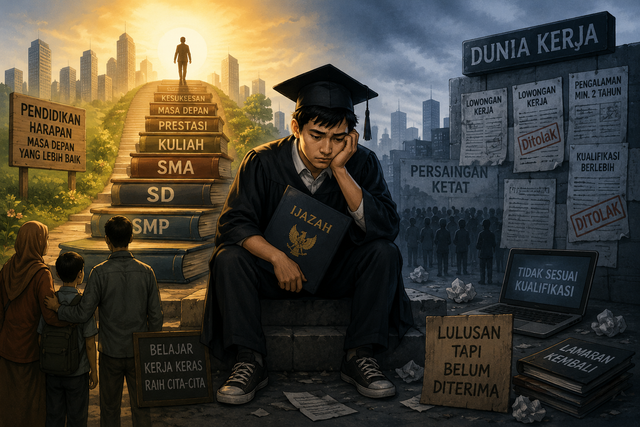 Ilustrasi dibuat menggunakan kecerdasan buatan (AI-generated image) berdasarkan visualisasi tema pendidikan, pengangguran terdidik, dan mobilitas sosial.