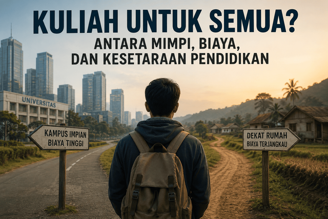 Ilustrasi mahasiswa yang dihadapkan pada pilihan antara kampus impian dan keterbatasan biaya, mencerminkan isu kesetaraan akses pendidikan tinggi di Indonesia. (Sumber : ChatGPT)