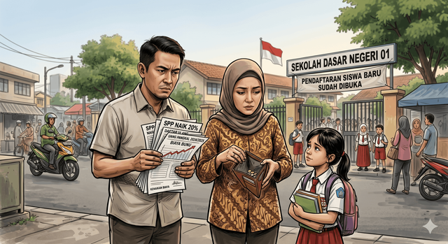 Ilustrasi gambar orang tua sedang kebingungan karena biaya sekolah yang semakin tinggi tiap tahunnya. (Gemini), 2026.