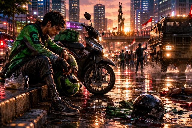 Ilustrasi ini saya buat dan edit sendiri berdasarkan suasana dalam cerpen, menampilkan perjuangan pengemudi ojek online di tengah kerasnya kehidupan kota.
