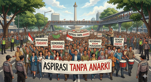 Setiap warga negara memiliki hak untuk menyuarakan pendapat mereka. Namun, untuk memastikan bahwa esensi perjuangan tetap terdengar jelas tanpa terpengaruh oleh tindakan anarkis yang merugikan publik, diperlukan ketekunan taktik dan keamanan di era kontemporer. (Ilustrasi dibuat oleh AI)