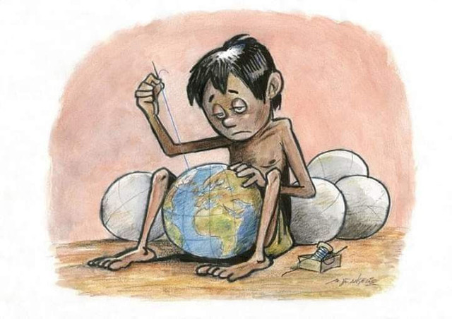 Ilustrasi hasil edit sendiri yang menggambarkan seorang anak sederhana yang menjadi pusat perhatian karena kemiskinannya.