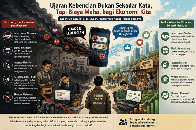 Ilustrasi dampak ujaran kebencian pada ekonomi. Foto generated by AI