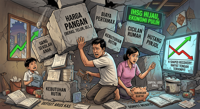 Ilustrasi keluarga sedang merasakan cobaan berat pasca kenaikan harga pokok (Gemini), 2026.