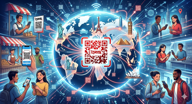 Gambar Ilustrasi Perkembangan Digitalisasi Sistem Pembayaran QRIS terhubung keseluruh Dunia, AI Generate.