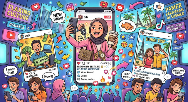 Ilustrasi ini memperlihatkan fenomena flexing di media sosial yang mendorong perilaku konsumtif pada Generasi Z. Sumber: Dibuat menggunakan AI