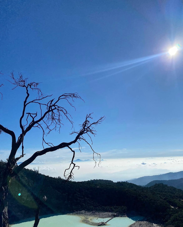 Pemandangan Kawah Putih Ciwidey dengan danau vulkanik berwarna kehijauan yang diselimuti kabut tipis, menciptakan suasana sejuk dan dramatis di kawasan Gunung Patuha, Kabupaten Bandung. (Foto diambil menggunakan AI & ChatGPT)