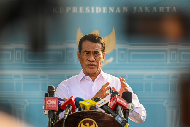 Menteri Pertanian Amran Sulaiman memberikan keterangan pers usai bertemu dengan Presiden Prabowo Subianto di Istana Merdeka, Jakarta, Kamis (18/6/2026).  Foto: Galih Pradipta/ANTARA FOTO