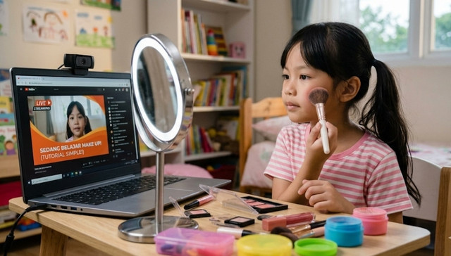 gambar yang memperlihatkan anak kecil yang sedang live streaming tutorial ber make-up. Ilustrasi ini dibuat dengan Ai