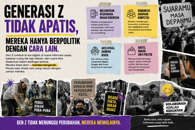 Partisipasi politik Generasi Z melalui media digital, gerakan sosial, dan kolaborasi komunitas. Visual merupakan hasil generasi kecerdasan buatan (AI) untuk kebutuhan editorial.
