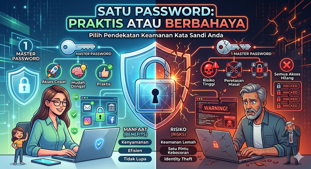 Ilustrasi Penggunaan Satu Password untuk Semua Akun. Source: GeminiAI 