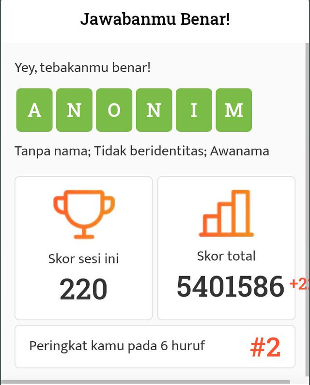 Tangkapan layar hasil gim Tebak Kata, Selasa (16/6/2026) siang. (Foto: Mohamad Jokomono)