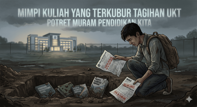 Ilustrasi dampak memprihatinkan dari mahalnya biaya kuliahterhadap harapan seorang mahasiswa yang terpaksa 'mengubur' mimpinya untuk melanjutkan pendidikan tinggi karena kendala finansial. Generated by AI