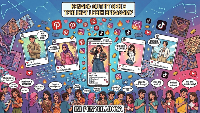 Gambar ini menggambarkan tentang beragamnya outfit Gen Z. Ilustrasi diambil menggunakan Ai