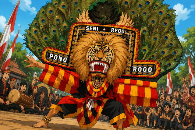 (Reog Ponorogo kepala harimau dengan hiasan bulu merak, Foto: Generated By AI)