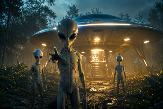 (Alien dengan kepala besar, mata besar dan badan kecil, Foto: Generated By AI)