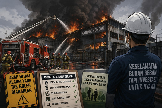Illustrasi Asap Hitam dari Pabrik Sendal: Alarm yang Tak Boleh Diabaikan (Sumber: ChatGPT. co. id)