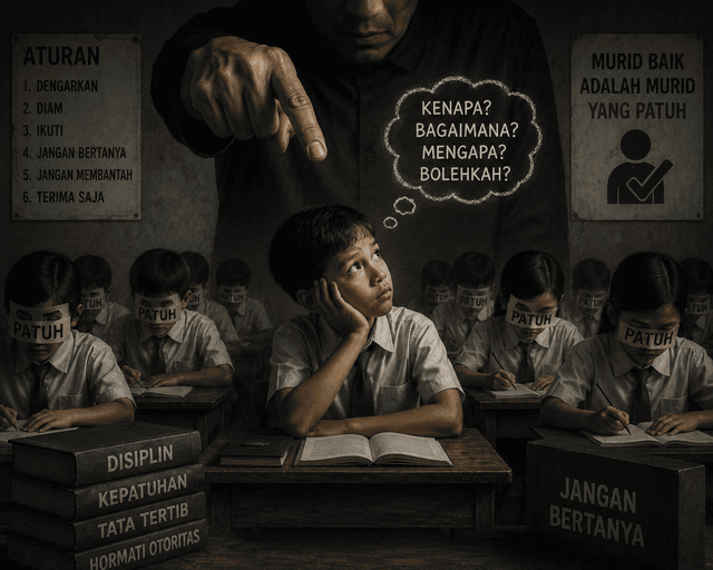 Ilustrasi: Sebuah ruang kelas yang menjadi simbol budaya otoritas dalam pendidikan. (source: Chat GPT)
