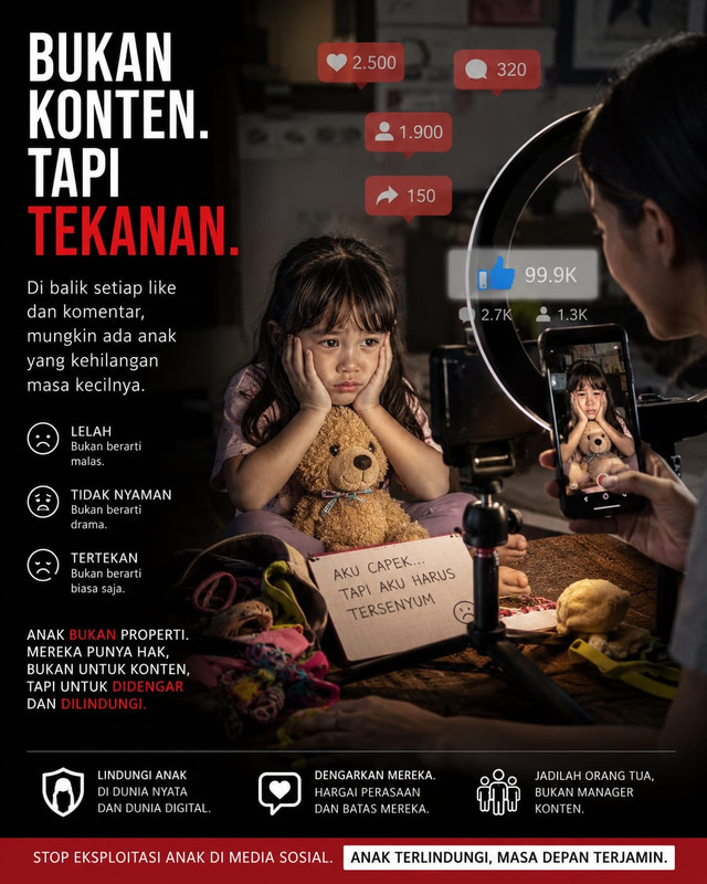 Ilustrasi eksploitasi anak di media sosial oleh orang tua. (Foto: AI Generated/DALL·E via ChatGPT)