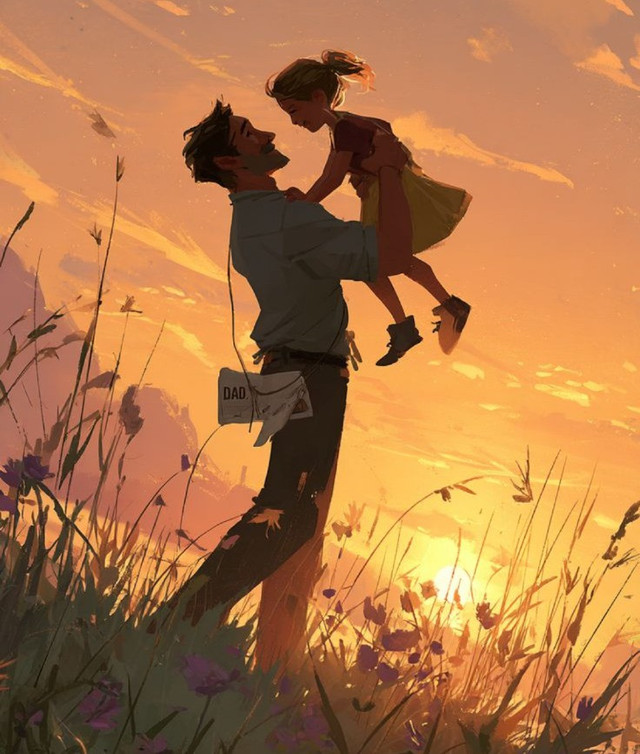 Siluet seorang ayah yang mengangkat putri kecilnya di bawah langit senja, menggambarkan kasih sayang dan kenangan yang tetap hidup meski waktu terus berjalan. Ilustrasi dibuat sendiri menggunakan Canva.