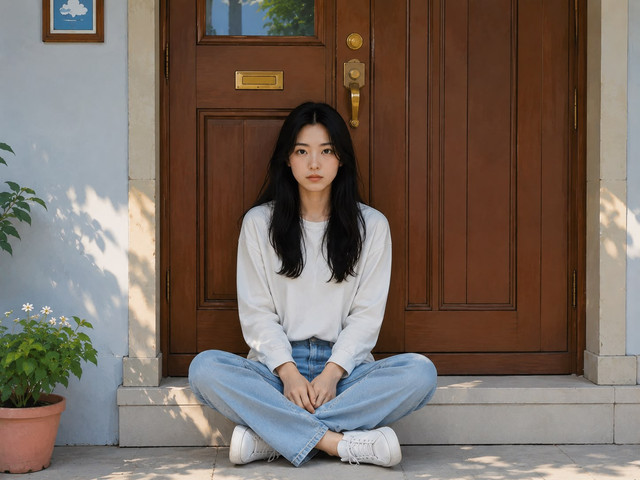 (Perempuan duduk di depan pintu, Foto: Generated By AI)