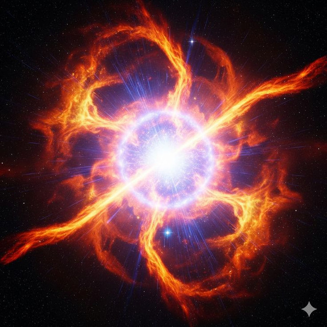 Illustrasi Artistik Koherensi Neutrino Di Dalam Medium Supernova (Gambar dibuat oleh Nano Banana AI) 