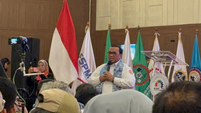Presiden KSPI Andi Gani dalam Rakernas KSPI 2026 di kawasan Jakarta Pusat, Selasa (23/6/2026). Foto: Nauval Pratama/kumparan