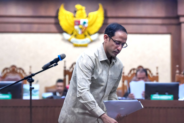 Terdakwa kasus dugaan korupsi pengadaan Chromebook dalam program digitalisasi pendidikan di Kemendikbudristek Nadiem Anwar Makarim selesai membacakan duplik saat sidang di Pengadilan Tipikor, Jakarta, Selasa (23/6/2026). Foto: M Risyal Hidayat/ANTARA FOTO
