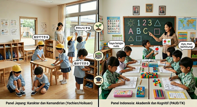 Ilustrasi PAUD atau TK di Jepang dan Indonesia yang dibuat menggunakan (AI-Generated image).