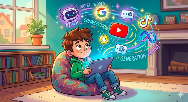 Ilustrasi Generasi Alpha yang sejak kecil telah berinteraksi dengan gawai, internet, dan berbagai platform digital. Sumber: AI Generated.