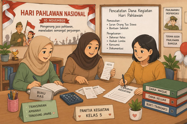 Ilustrasi panitia Hari pahlawan nasional sedang melakukan perencanaan anggaran, pencatatan transaksi, dan penyusunan pertanggungjawaban. sumber : Open AI (GPT)