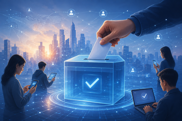 Ilustrasi transformasi demokrasi di era digital yang menampilkan pergeseran proses pemungutan suara dari ruang fisik menuju ekosistem teknologi berbasis jaringan. Foto: Idisign