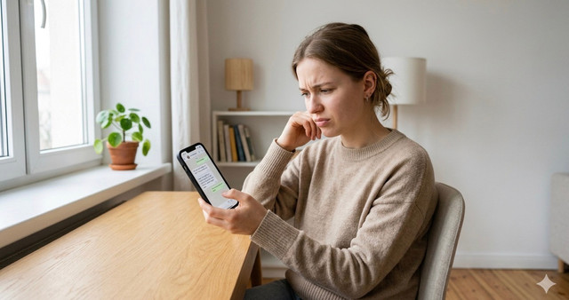 Ilustrasi seseorang membaca pesan chat di ponsel dengan ekspresi bingung karena menafsirkan pesan secara berbeda dalam komunikasi digital. Sumber: Google Gemini AI