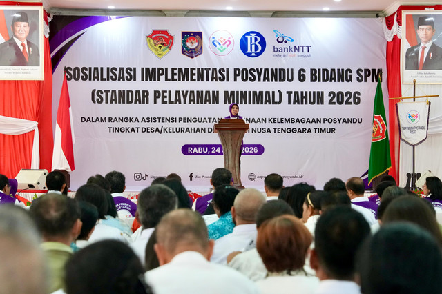 Ketum TP Posyandu Tri Tito Karnavian saat membuka acara Sosialisasi Implementasi Posyandu 6 Bidang SPM Tahun 2026 di Aula Rumah Jabatan Gubernur Nusa Tenggara Timur (NTT), Rabu (24/6/2026). Foto: Dok. Kemendagri